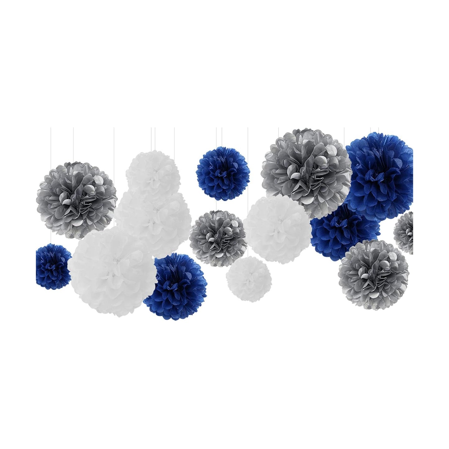 5 Size Party Decorations Paper Flowers / Navy Blue White Silver / Set of 15
