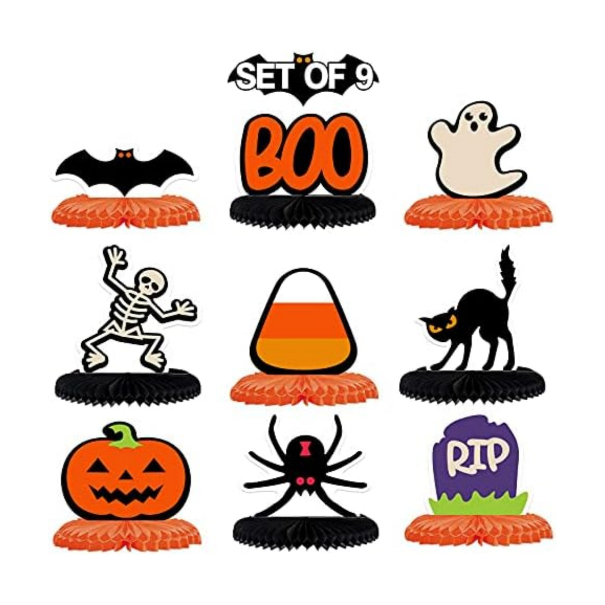 LINGTEER Happy Halloween Table Honeycomb Centerpieces - 9 pcs Funny Halloween Party Boo Ghost Table Decorations Sign.