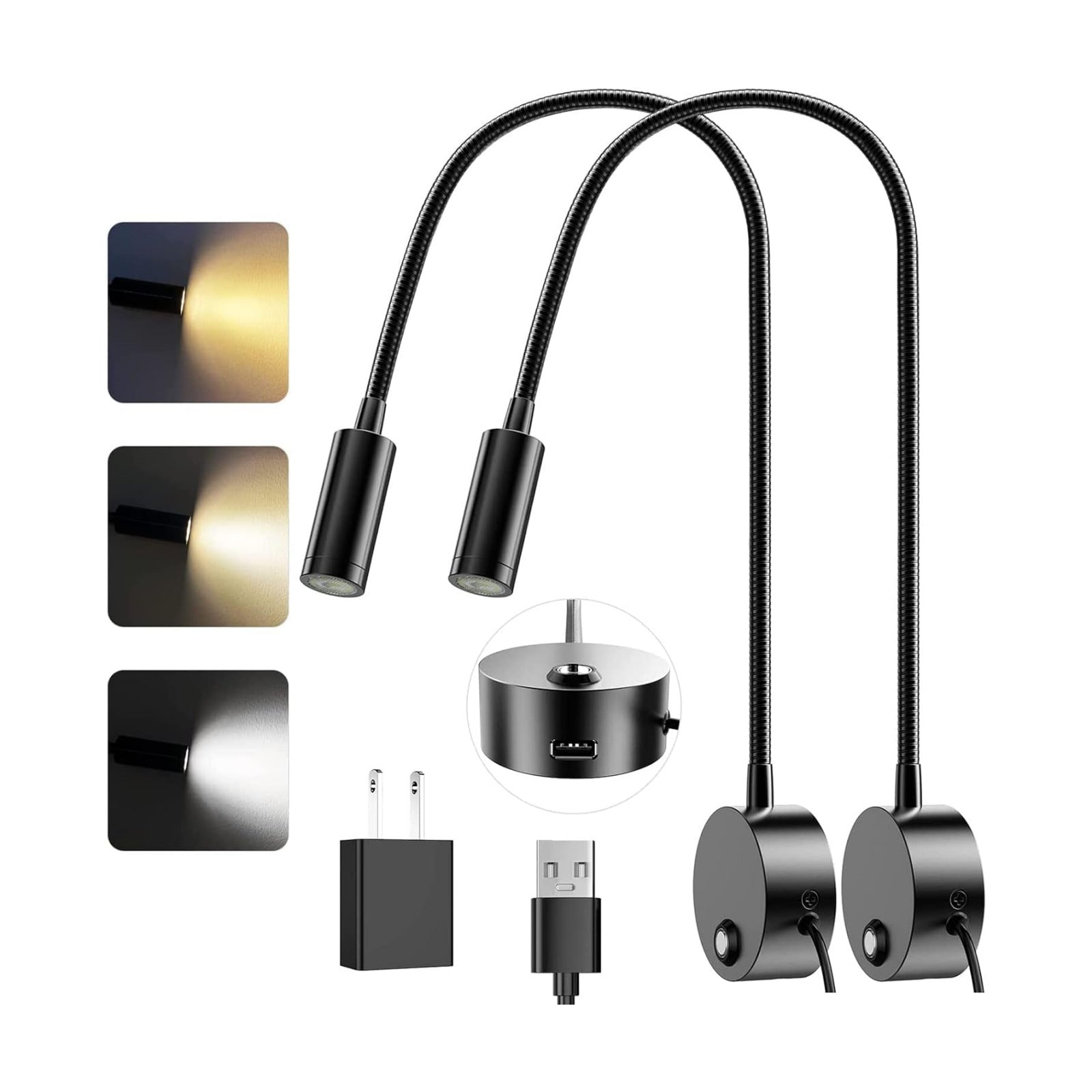 Wall Mounted LED Reading Light with 15" Flexible Gooseneck, Dimmable Book Light for Reading In Bed with USB Charging