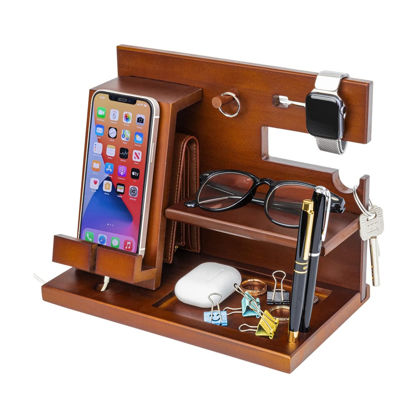 awofer Wood Phone Docking Station Nightstand Organizer for Men - Key Holder Wallet Stand iWatch Organizer Ring Hanging