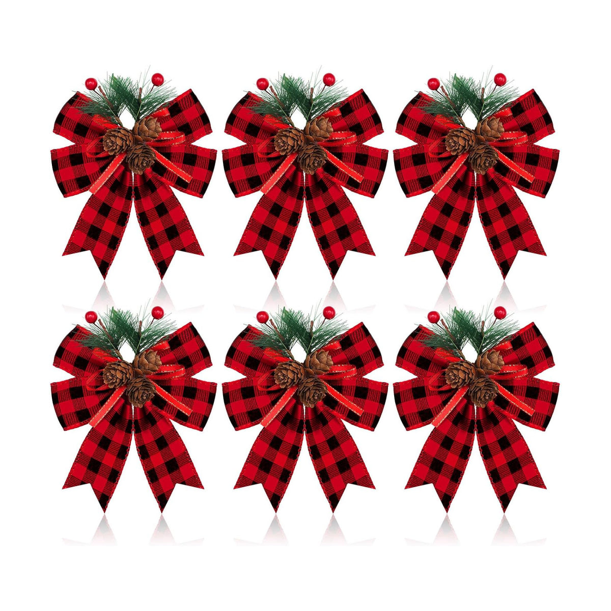 Syhood 6 Pcs Christmas Bows Xmas Velvet Bows Tree Decor, Buffalo Plaid