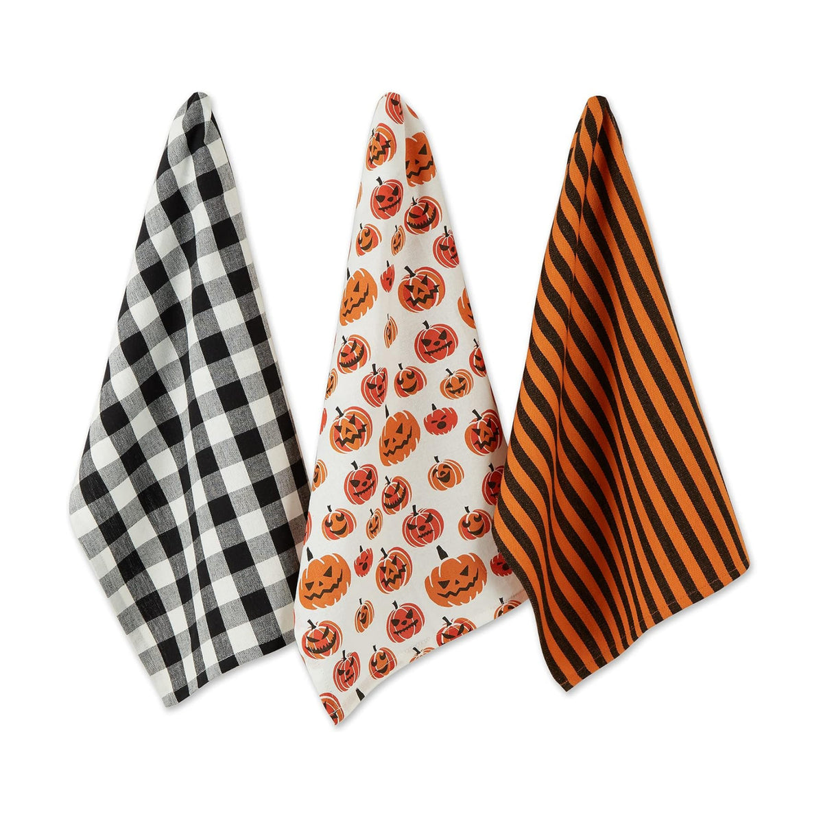 DII Halloween Hand Towels for The Kitchen Decorative Spooky & Fun Cotton Printed Dishtowel Set, 18x28, Black & White Buffalo Check/Orange Stripes, 3 Count