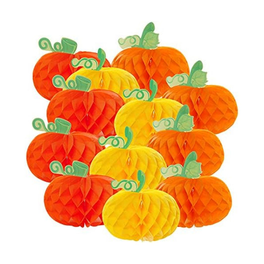 Sucrain 12 Pieces Tissue Paper Pumpkin 3D Honeycomb Pumpkins for Halloween Thanksgiving Party Favor Fall Festival Supplies （Orange, Red, Yellow）
