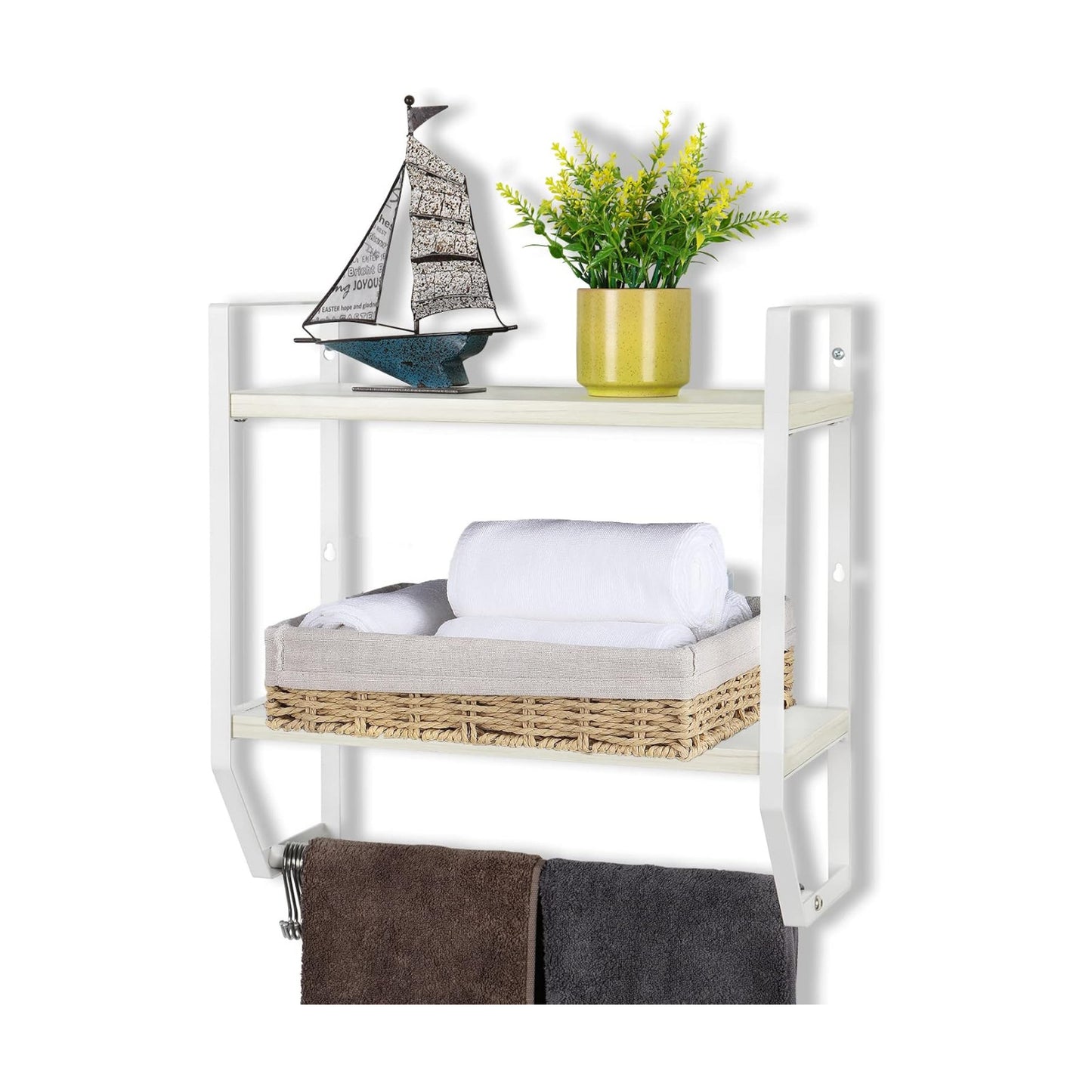 OYEAL Bathroom Shelf with Towel Bar Wall Mounted | Towel RaRustic Towel Shelf for Bathroom with 5 Hooks, 2 Tier Shelf