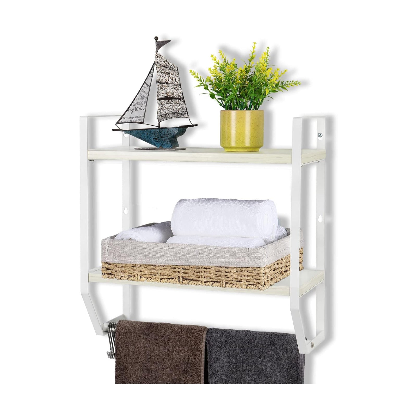 OYEAL Bathroom Shelf with Towel Bar Wall Mounted | Towel RaRustic Towel Shelf for Bathroom with 5 Hooks, 2 Tier Shelf