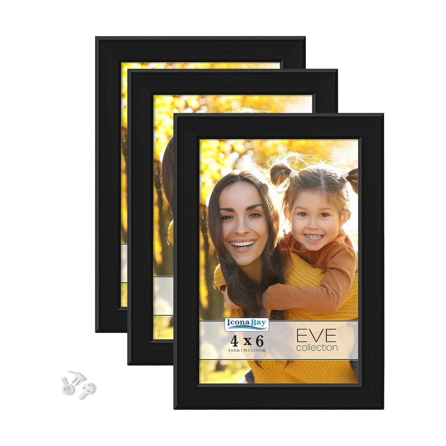 4x6 Picture Frames (Black, 3 Pack), Modern Double-Beveled Frame, Tabletop or Wall Mount, Eve Collection