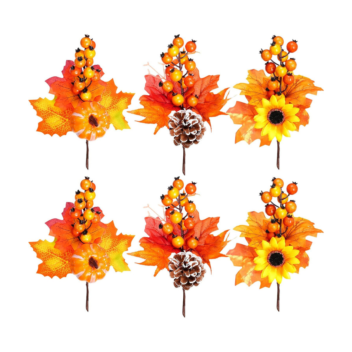 6 Pack Artificial Maple Leaves Branches Autumn Pumpkin Berry Twig Stem Orange Fall Stems Fake Artificial Flower Picks for Thanksgiving Christmas Harvest Festival Decoration DIY Floral Arrangements