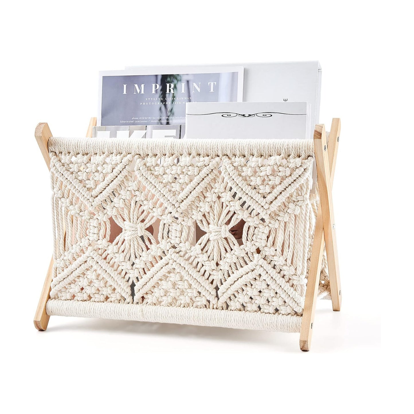 Mkono Macrame Magazine Holder, Boho Woven Book Rack Basket, 14" L x 10" W | Boho Decor, Mail Paper Vinyl Storage