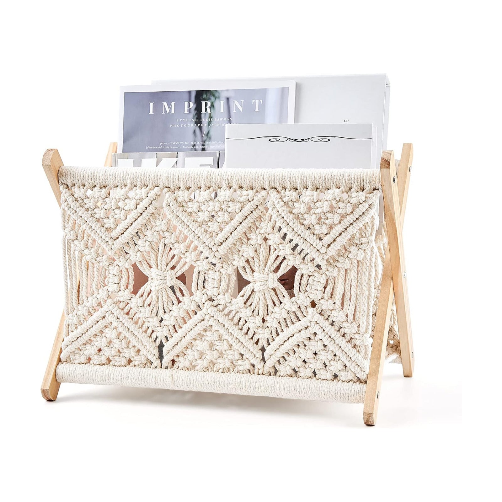 Mkono Macrame Magazine Holder, Boho Woven Book Rack Basket, 14" L x 10" W | Boho Decor, Mail Paper Vinyl Storage