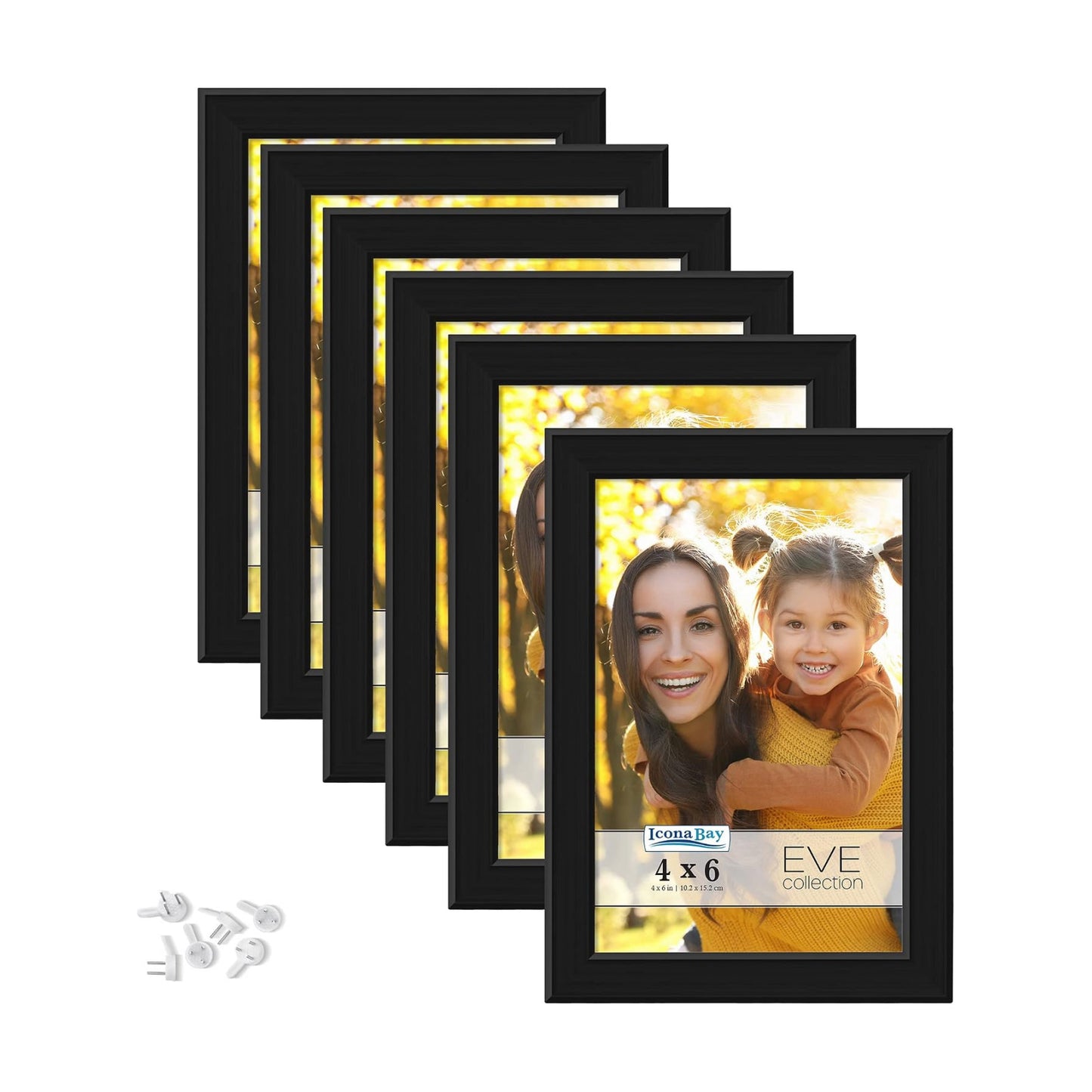 4x6 Picture Frames (Black, 6 Pack), Modern Double-Beveled Frame, Tabletop or Wall Mount, Eve Collection