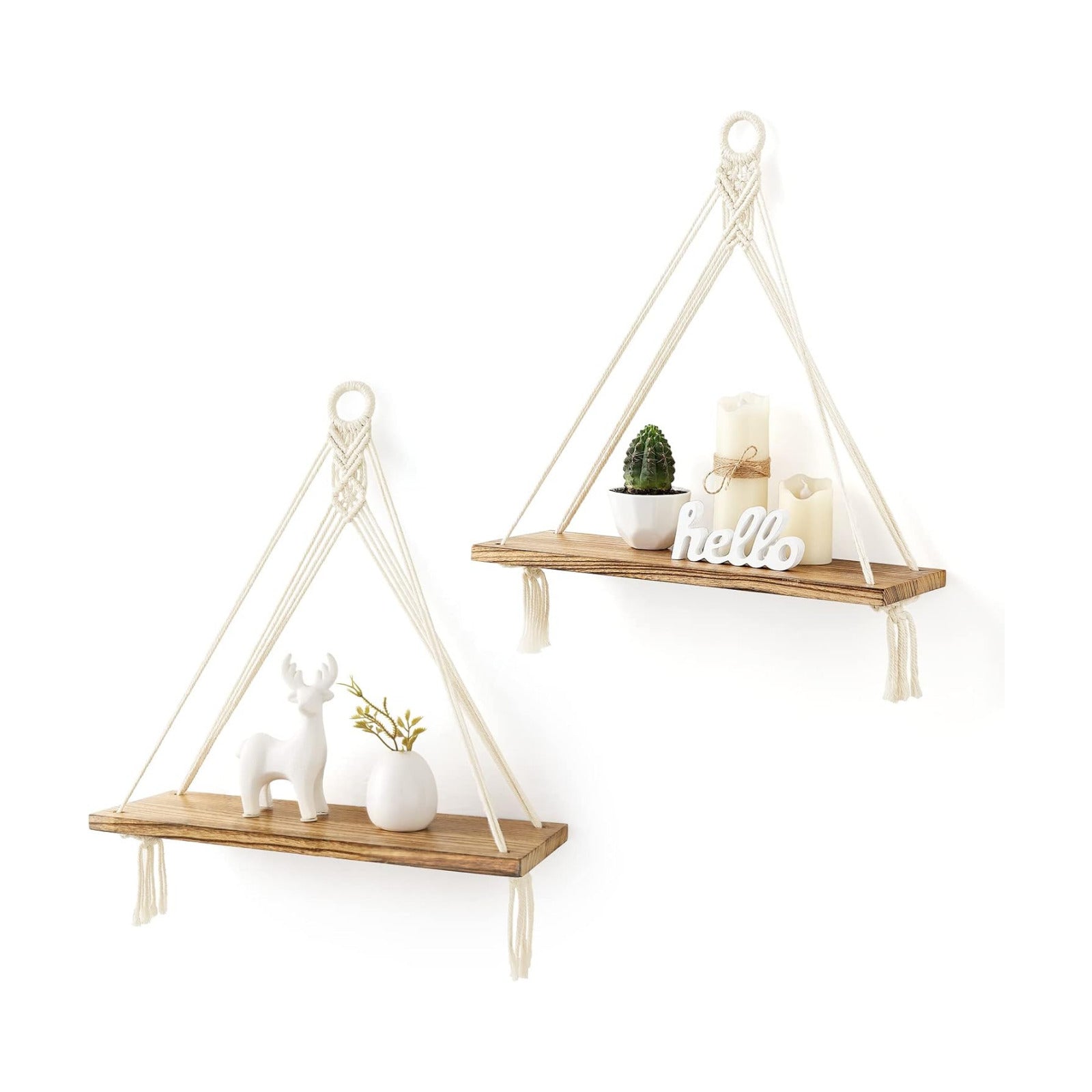 Macrame Hanging Shelves Boho Wall Decor Rustic Wood Floating Storage Shelf / White / Set of 2