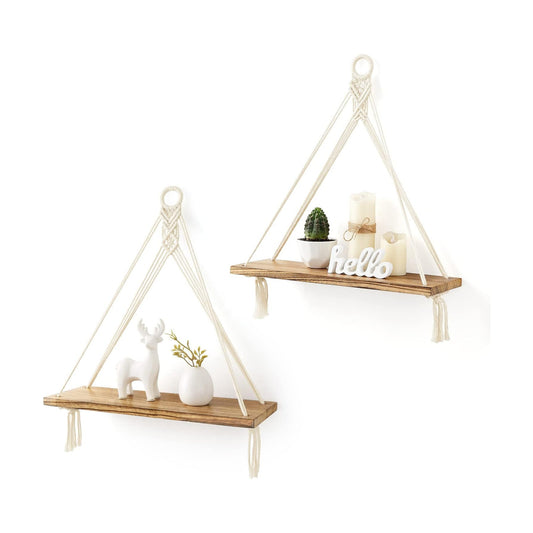 Macrame Hanging Shelves Boho Wall Decor Rustic Wood Floating Storage Shelf / White / Set of 2