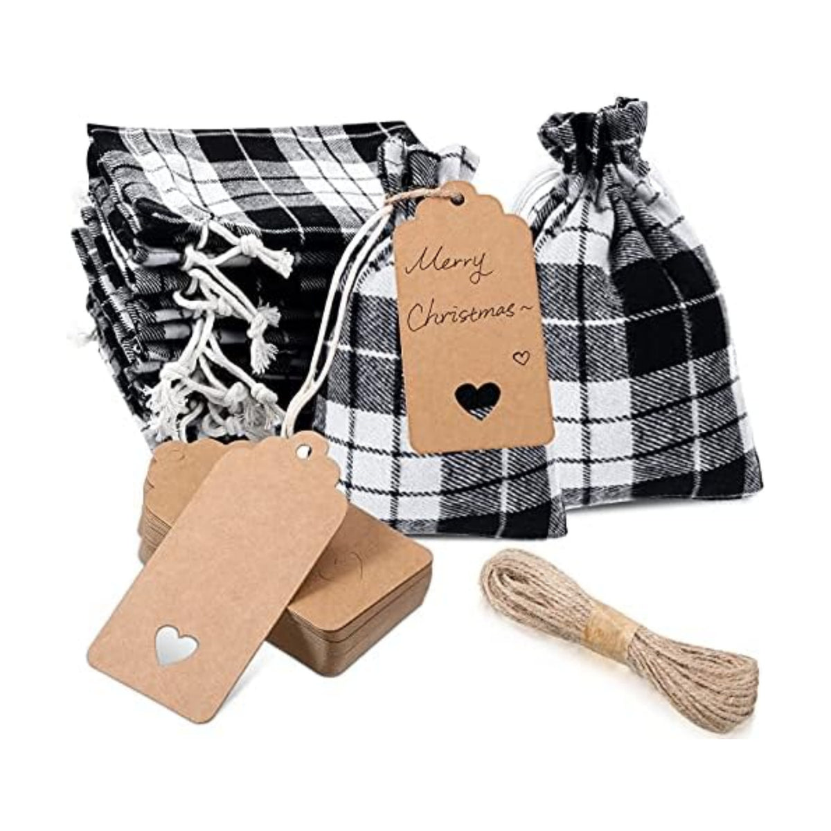 Shappy 24 Pcs Christmas Drawstring Gift Bags Xmas Buffalo Plaid Burlap Advent Bags 5.5 x 4 Inches Linen Treat Candy Bag with 32.8 ft Rope 24 Card(Black White)