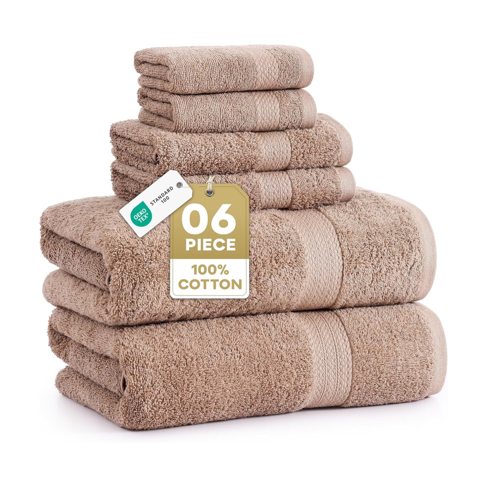 LANE LINEN Bath Towel Set Quick Dry 100% Cotton 6 Piece Soft - Taupe | Cotton Bath Towels - Classic Terry Weave