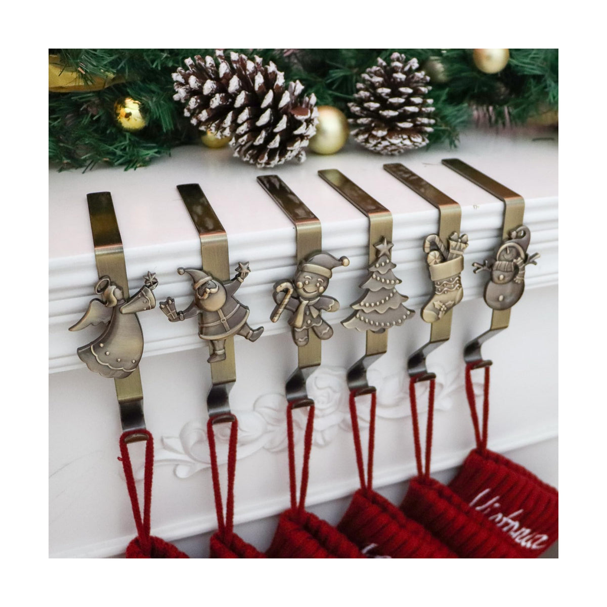 Christmas Stocking Holder for Mantle Set of 6, Reusable Christmas Stocking Hooks, No-Damage Xmas Hanger for Fireplace mantle Grip Stand Christmas Decoration Ornaments Hanging Bronze Shelf Floor
