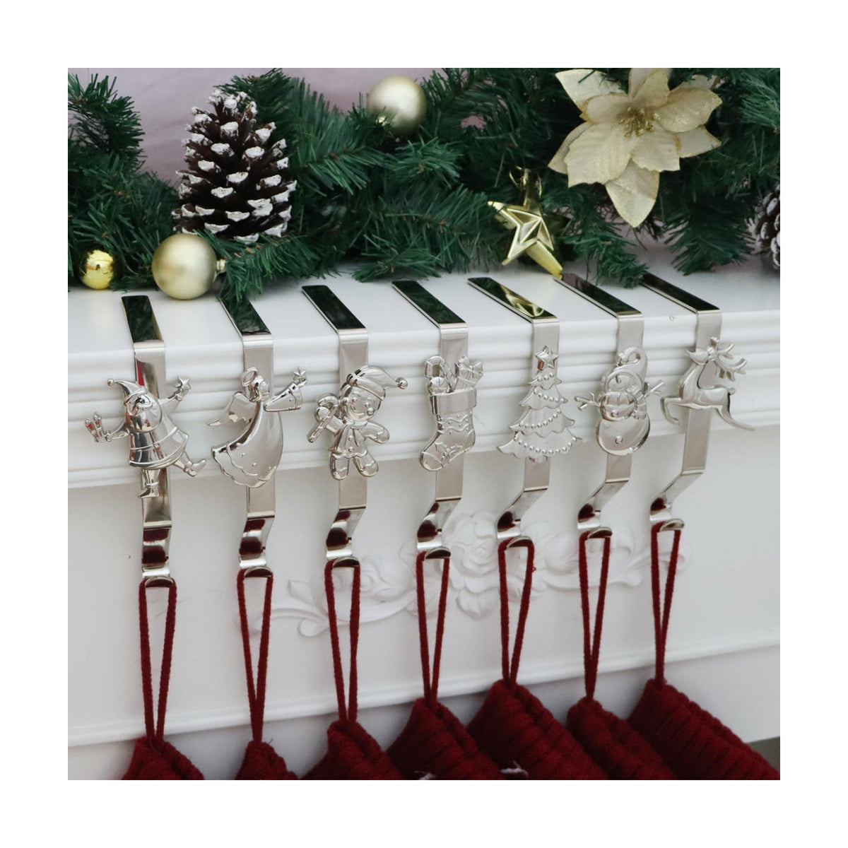 Christmas Stocking Holder for Mantle Set of 7, Reusable Christmas Stocking Hooks, No-Damage Xmas Hanger for Fireplace mantle Grip Stand Christmas Decoration Ornaments Hanging Sliver Shelf Floor
