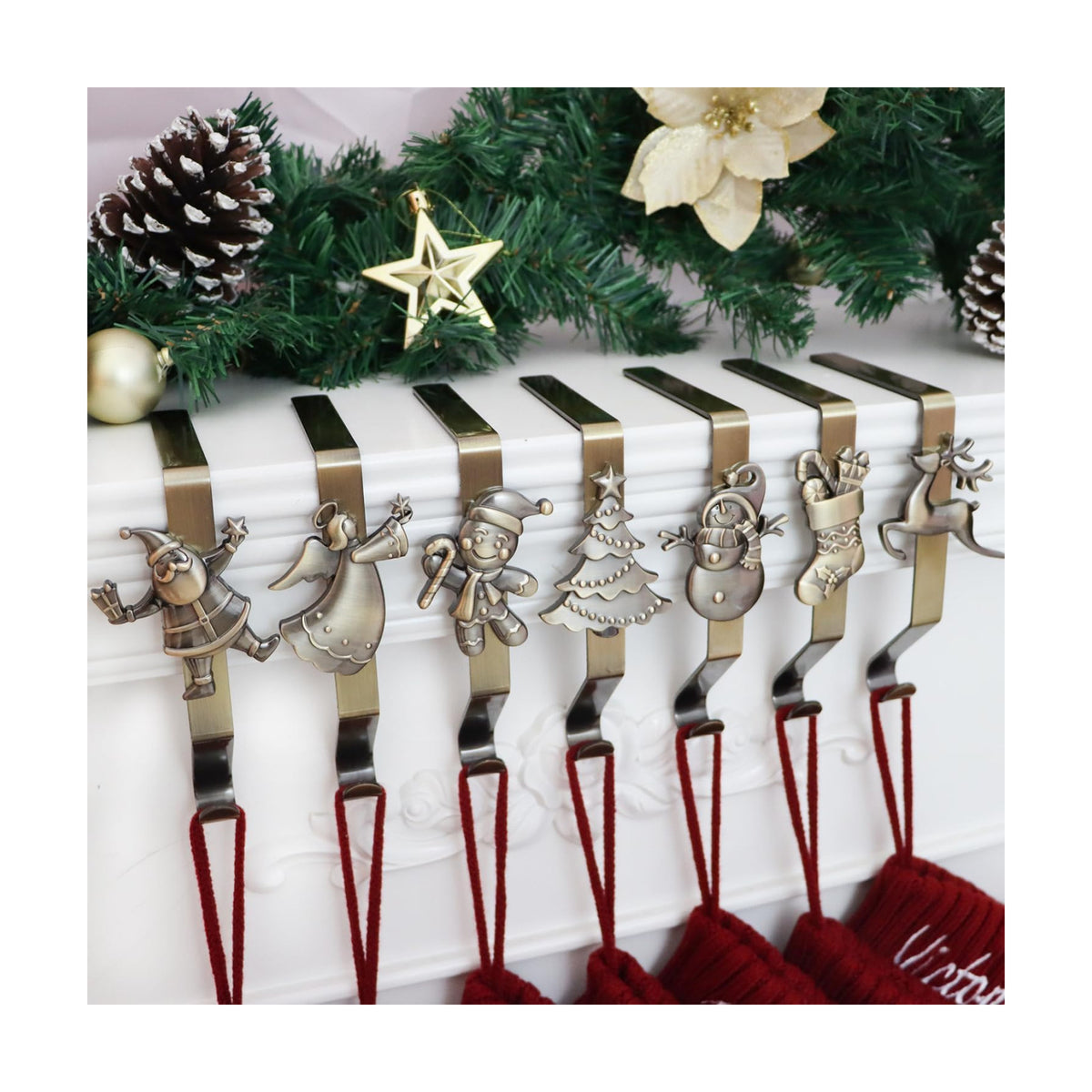 Christmas Stocking Holder for Mantle Set of 7, Reusable Christmas Stocking Hooks, No-Damage Xmas Hanger for Fireplace mantle Grip Stand Christmas Decoration Ornaments Hanging Bronze Shelf Floor