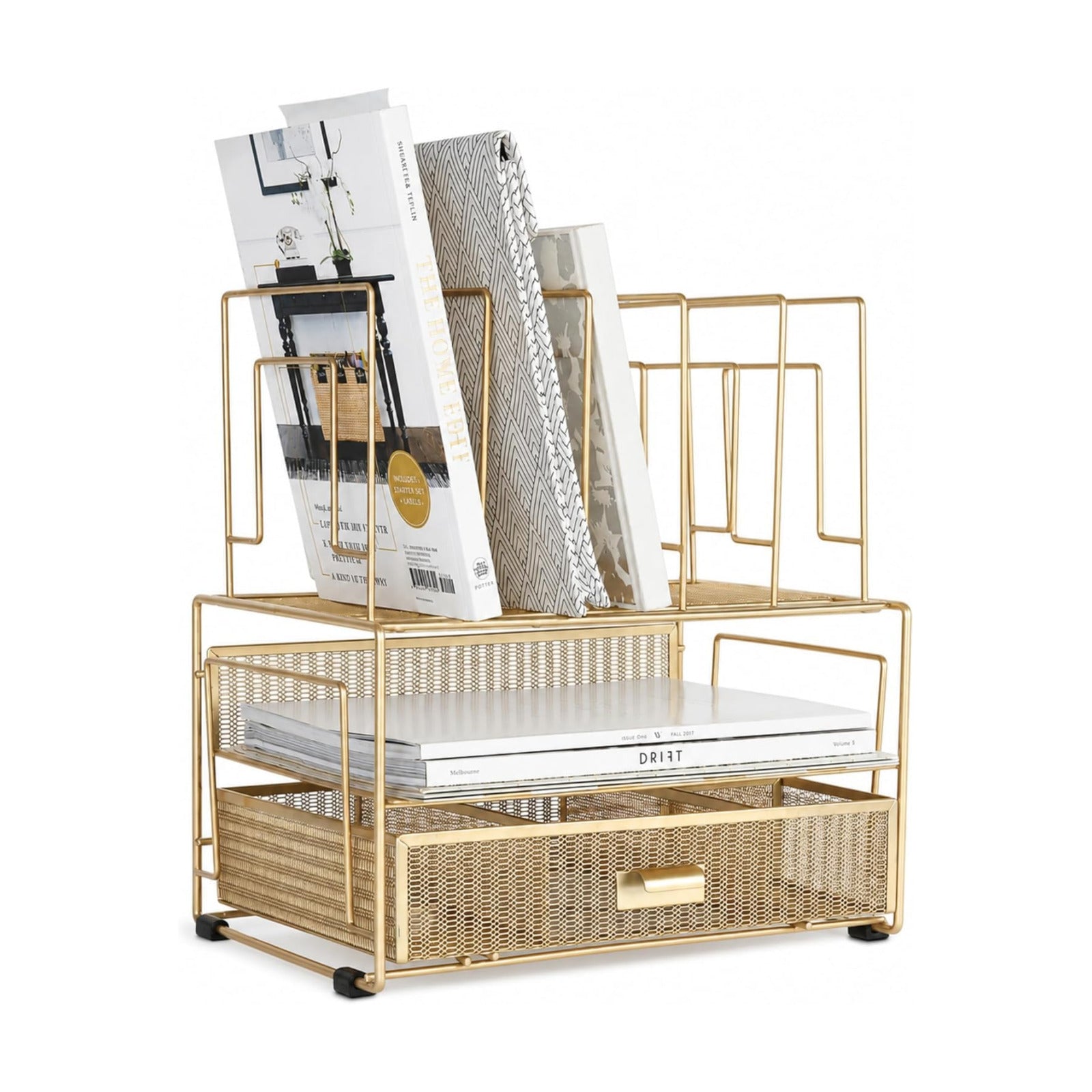 BLU MONACO | Gold Desk Organizer With Drawer | Metal Mesh File Holder & Vertical File Organizer | Desktop Storage for