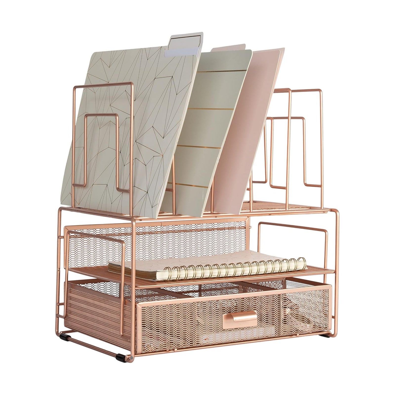BLU MONACO | Rose Gold Desk Organizer with Drawer | Metal Desk Organizer with File Sorters and Storage Compartments