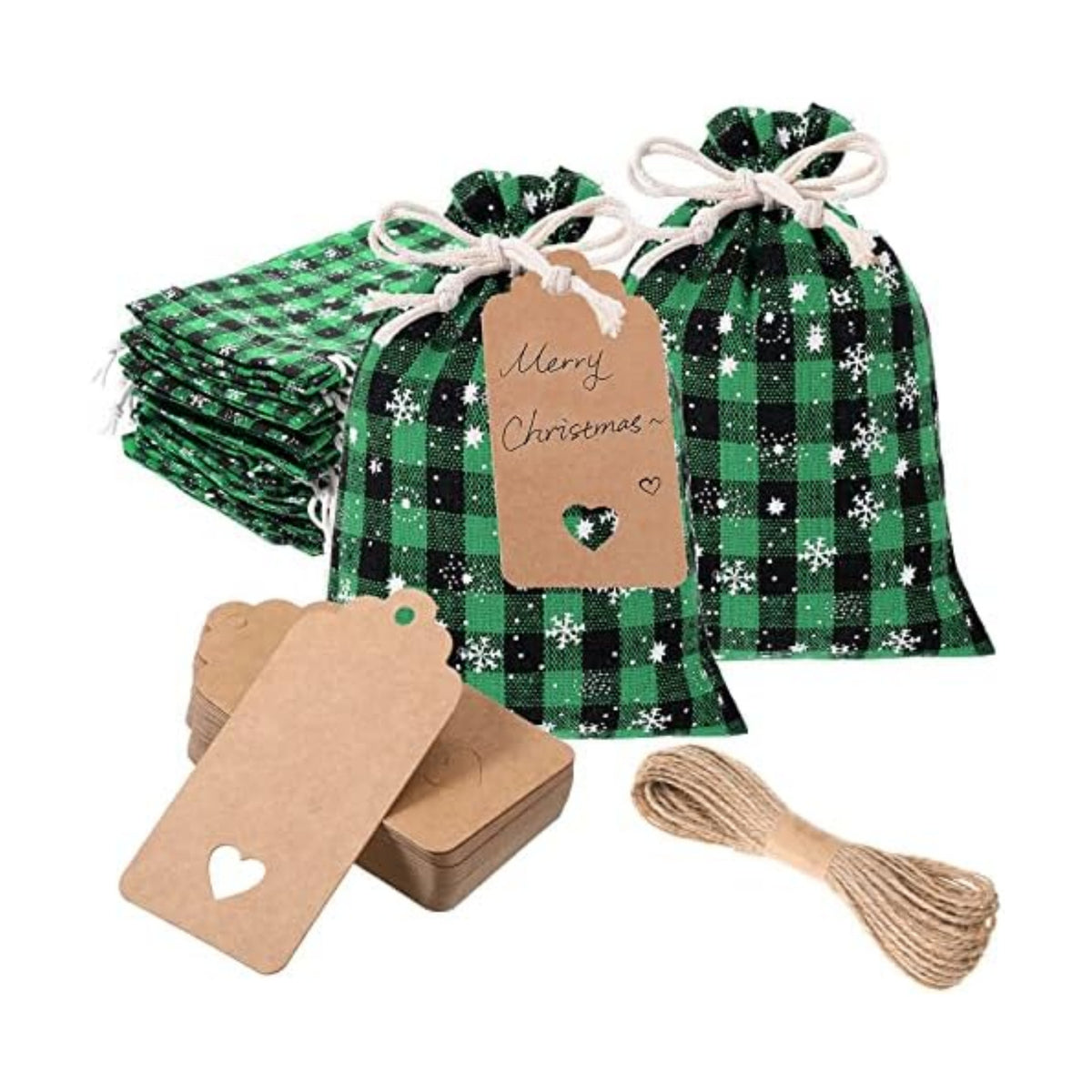 Shappy 24 Pcs Christmas Drawstring Gift Bags Xmas Buffalo Plaid Burlap Advent Bags 5.5 x 4 Inches Linen Treat Candy Bag with 32.8 ft Rope 24 Card(Black Green)