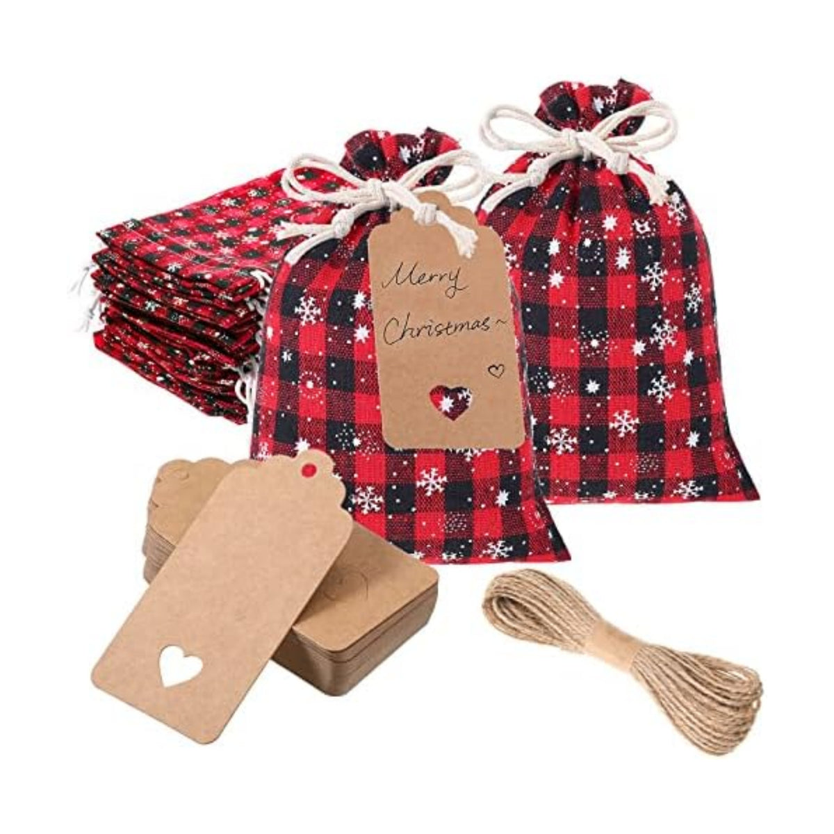 Shappy 24 Pcs Christmas Drawstring Gift Bags Xmas Buffalo Plaid Burlap Advent Bags 5.5 x 4 Inches Linen Treat Candy Bag with 32.8 ft Rope 24 Card(Black Red Snowflake)