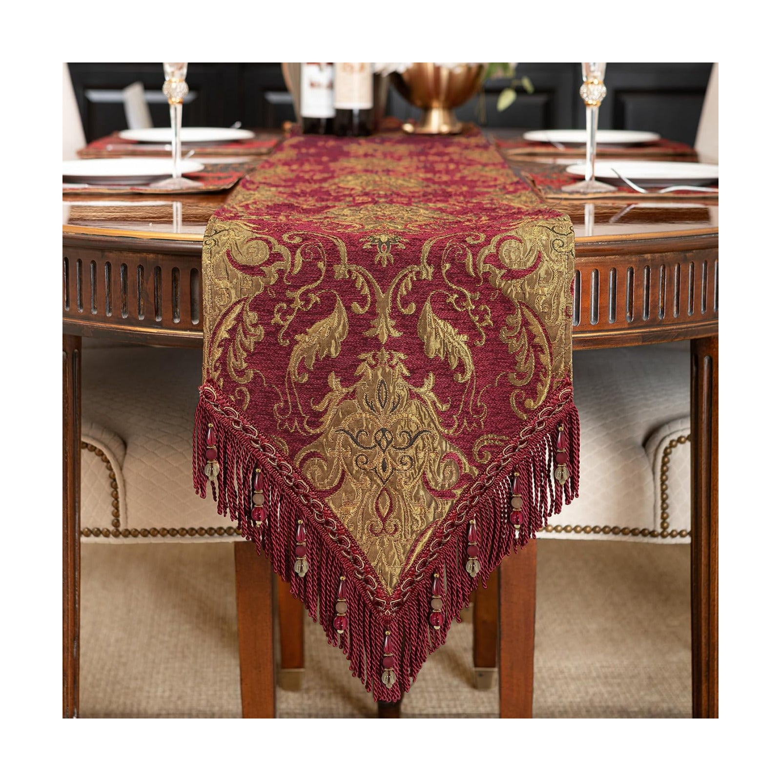Loom and Mill Luxury Vintage Chenille Table Runner 108 Inches Long, Red | Damask Jacquard Table Runners with