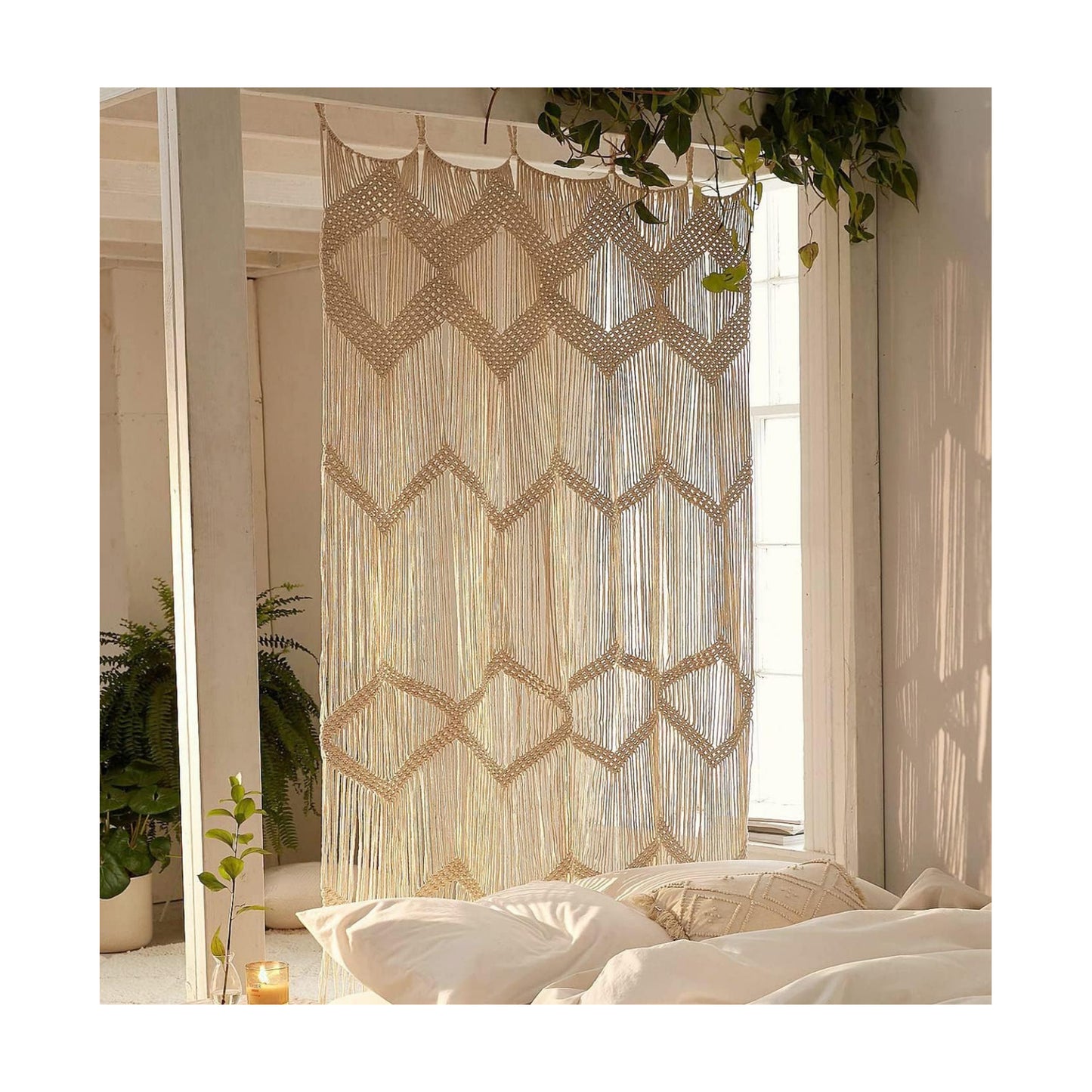 Macrame Curtain Window Macrame Room Divider Doorway Curtain Boho Macrame Wall Hanging Living / Beige
