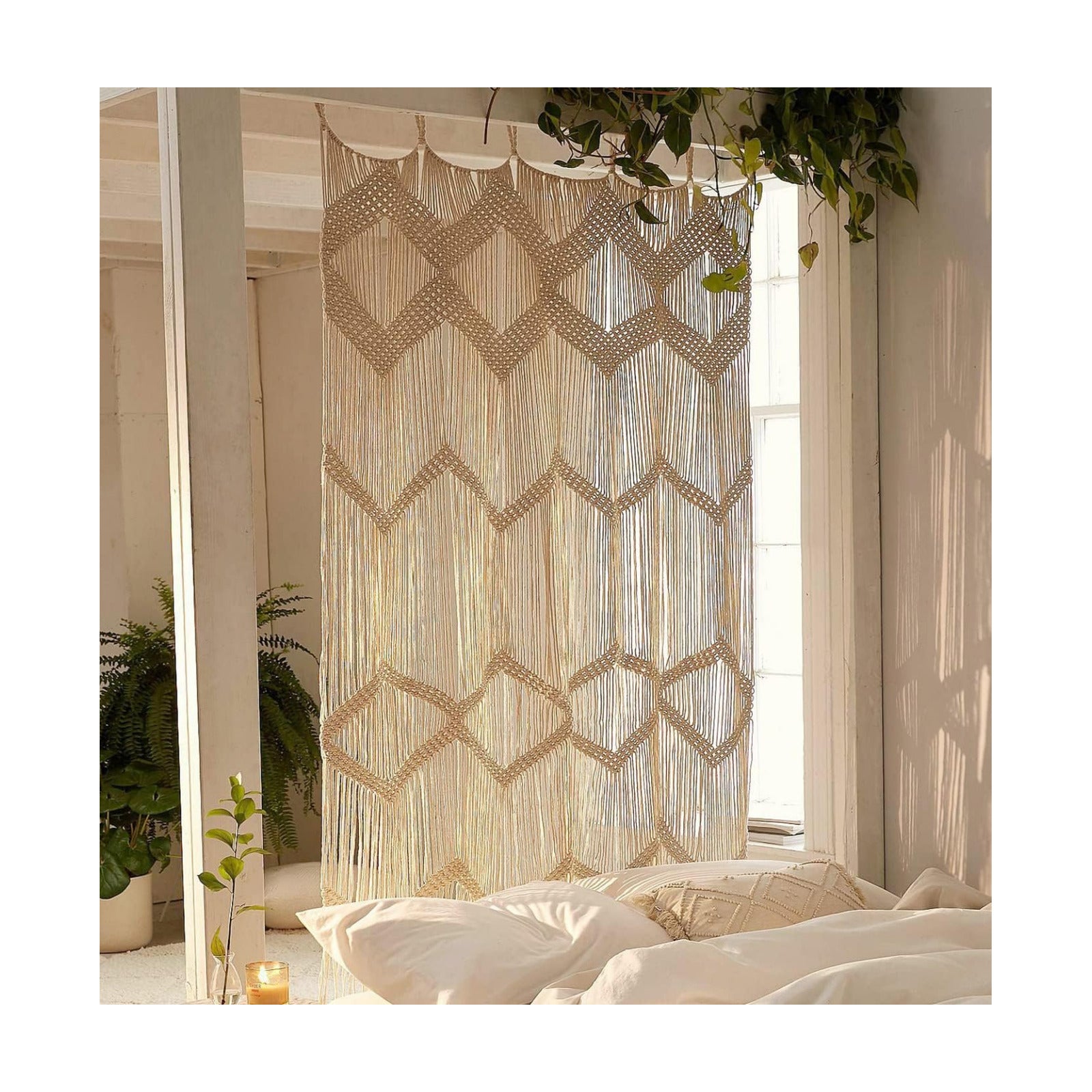 Macrame Curtain Window Macrame Room Divider Doorway Curtain Boho Macrame Wall Hanging Living / Beige