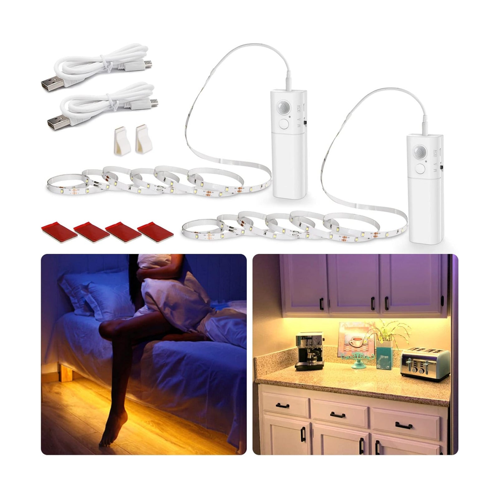 WOBANE Rechargeable Motion Sensor Strip Light, Warm White LED Closet Lights | 2X 6.56ft Upgraded Battery Operated LED