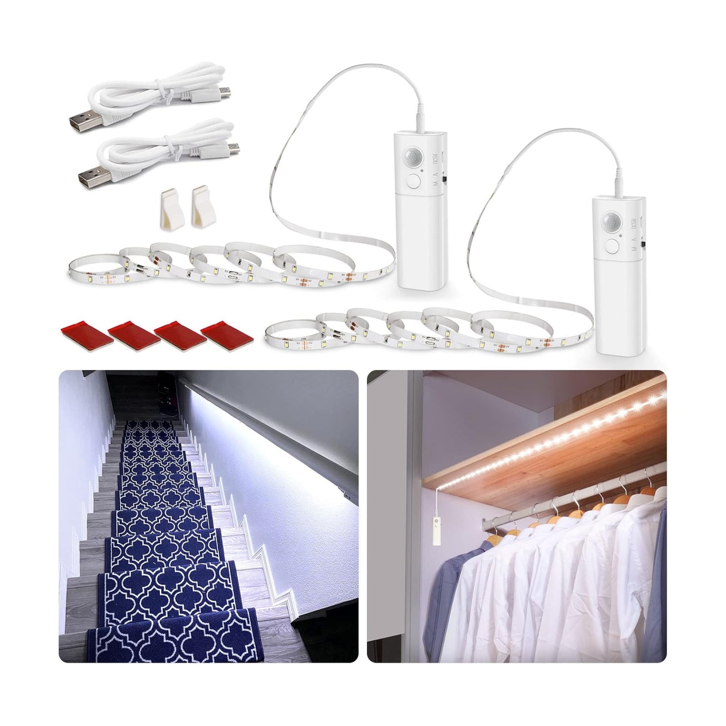 WOBANE Motion Sensor Stair Strip Lights,Rechargeable LED Closet Light,White | 2 X6.56ft Battery Powered Cordless LED