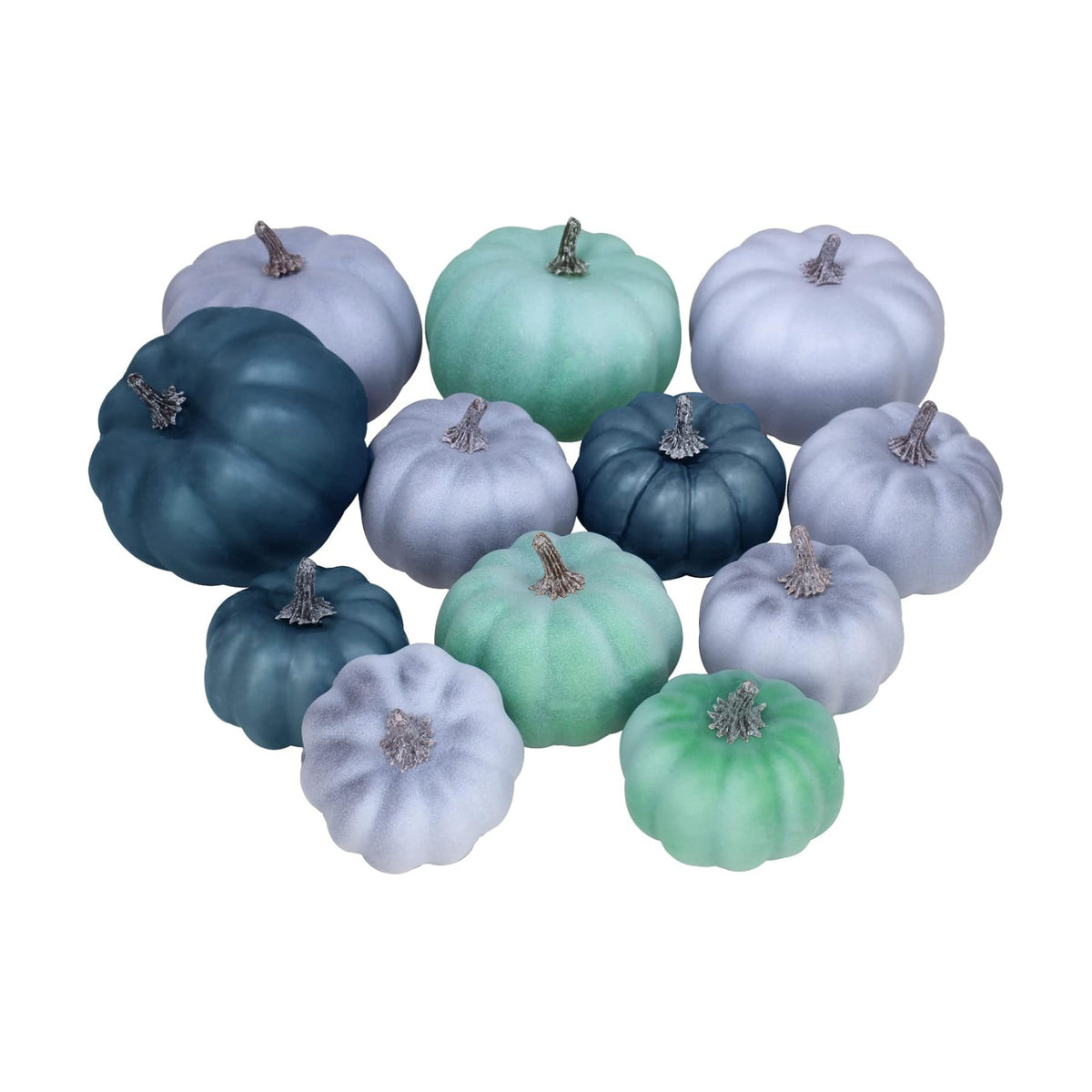 12 Pcs Assorted Small Rustic Harvest Artificial Pumpkins Decorative Pumpkins Foam Pumpkins in Green Blue Gray for Fall Autumn Halloween Thanksgiving Table Centerpiece Mantel Shelf Kitchen Decor