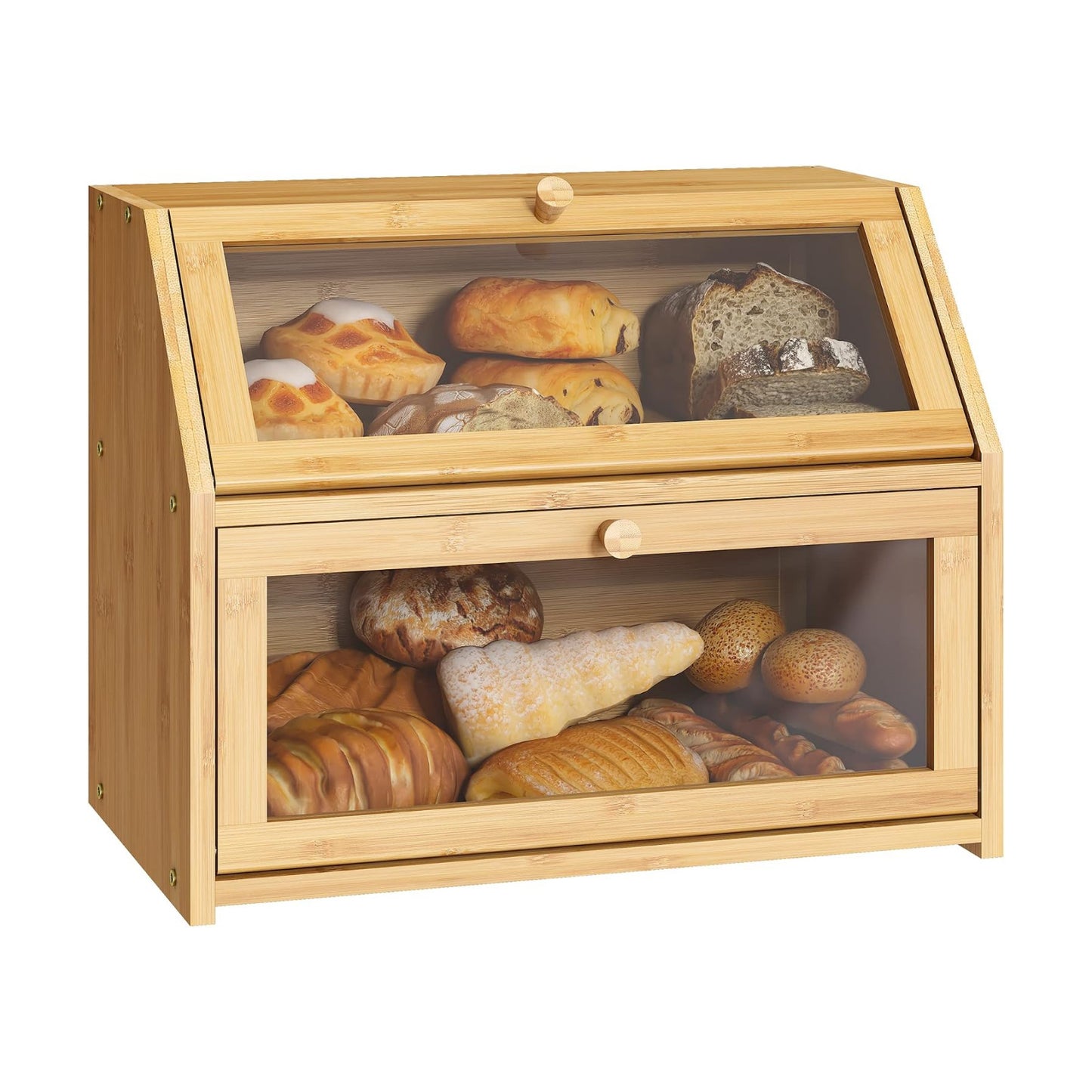 BMOSU Farmhouse Bread Box for Kitchen Countertop Bread box Double Layer Bamboo Wooden Extra Large Capacity Bin Kitchen