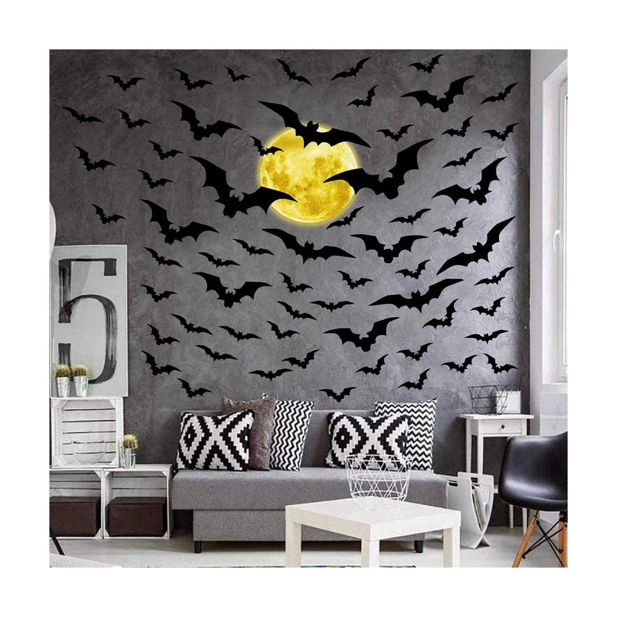 Halloween Moon Wall Decal Vinyl Bat Wall Stickers Clings Black Bats Decor