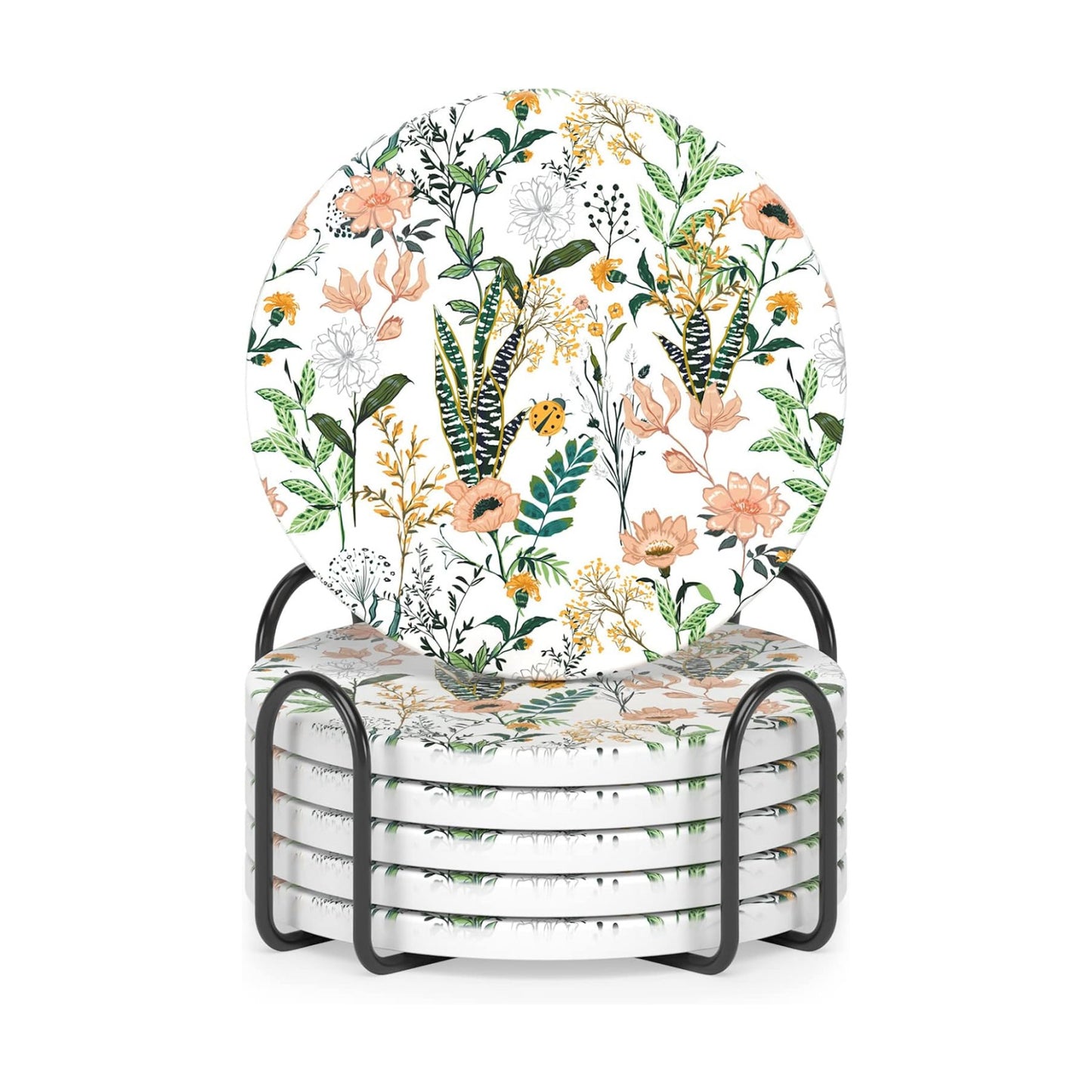 Holder and Cork Base / Flower Illustration 02 / Set of 6