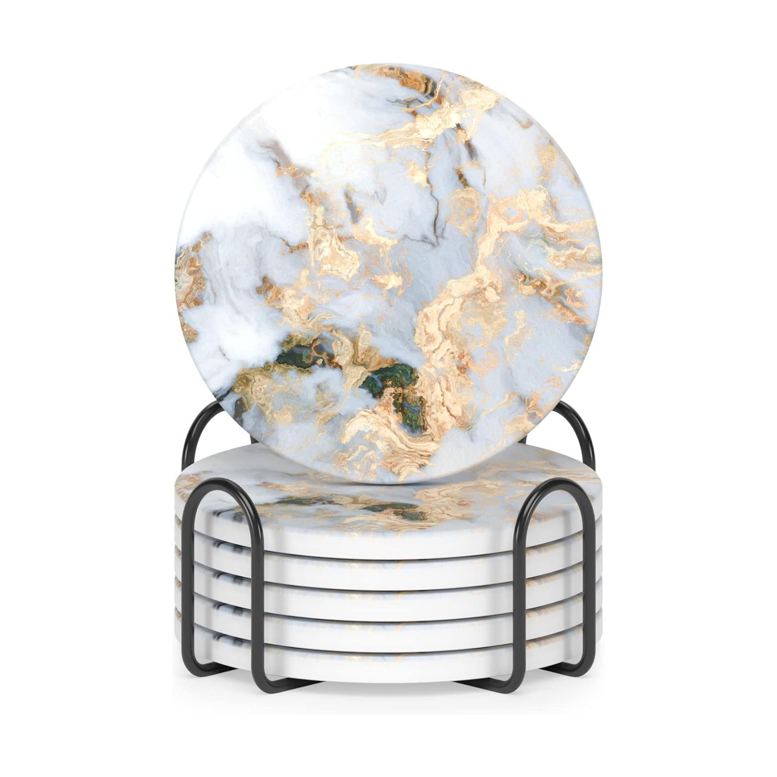Holder and Cork Base / White Gray Gold Marble / Set of 6