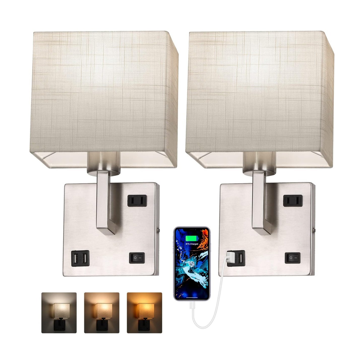 AVV Bedroom Sconces Set of 2, Wall Mounted Bedside Lamps with USB Port, AC Outlet and 3 Color Selectable