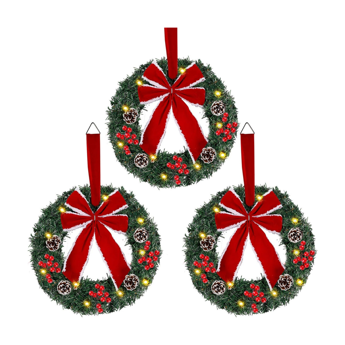 Hausse Set of 3 Christmas Wreaths, Lighted Artificial Christmas Wreath with Large Red Bow & Ornaments, Battery Operated with LED Lights, for Front Door Gate Wall Christmas Party Decorations
