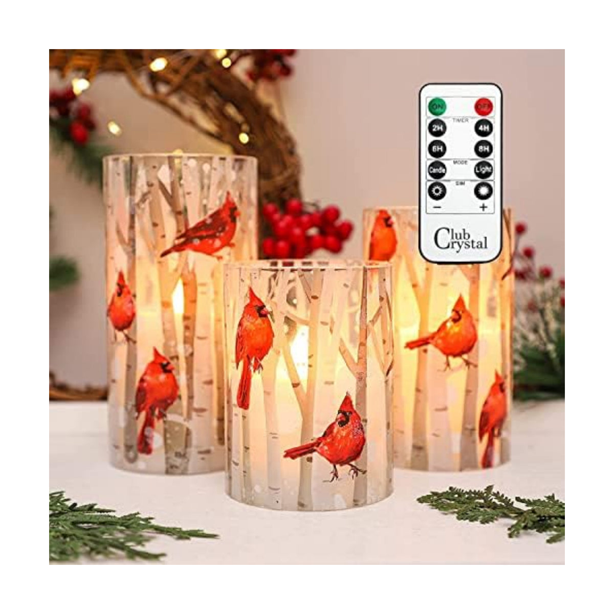 Crystal Club Christmas Flameless Candles with Remote, Cardinal Theme