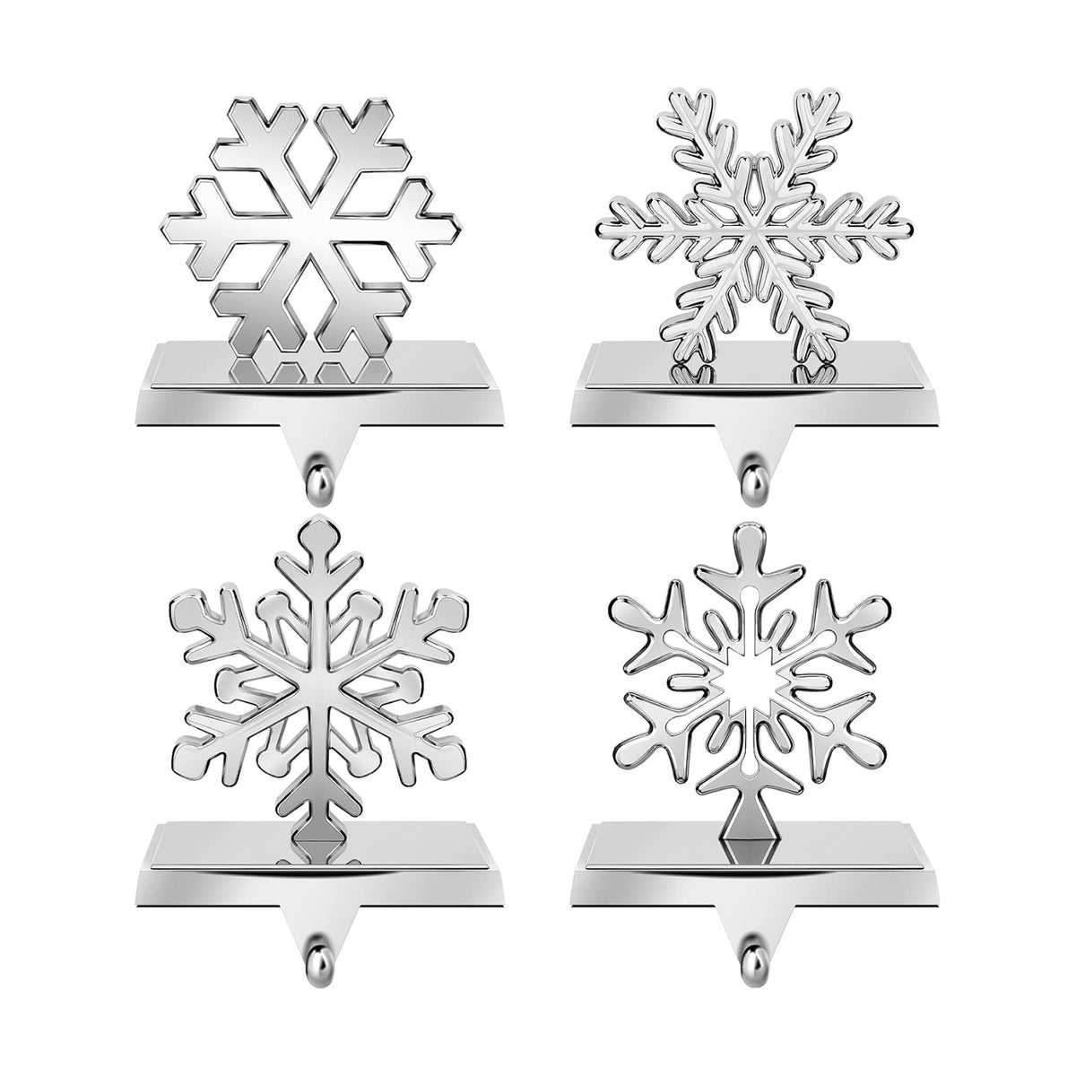 URATOT Pack of 4 Christmas Stocking Holders Snowflake Stocking Hangers Mantel Stocking Hooks for Christmas Decoration, Silver