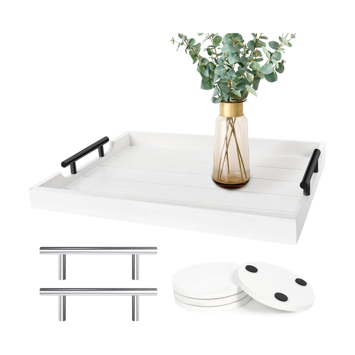 SXNOWS Wood Serving Tray with 2 Sets of Handles,White