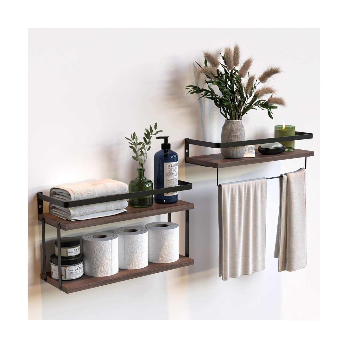 RICHER HOUSE 2+1 Tier Wall Mounted Floating Shelves Set of 2, Rustic Wood Shelf with Metal Frame, Extra Storage Rack