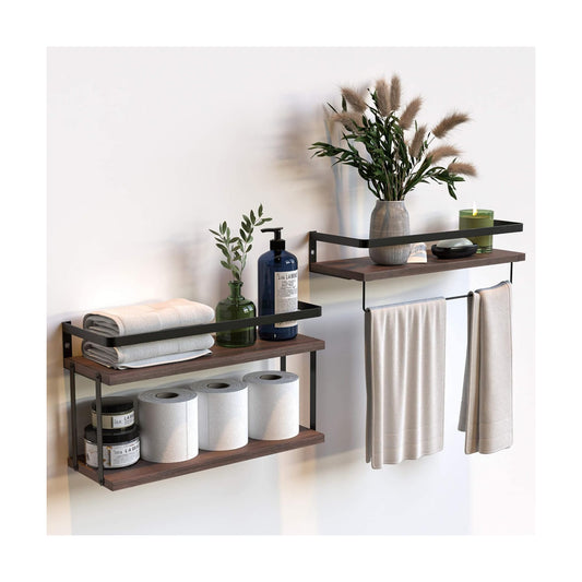 RICHER HOUSE 2+1 Tier Wall Mounted Floating Shelves Set of 2, Rustic Wood Shelf with Metal Frame, Extra Storage Rack
