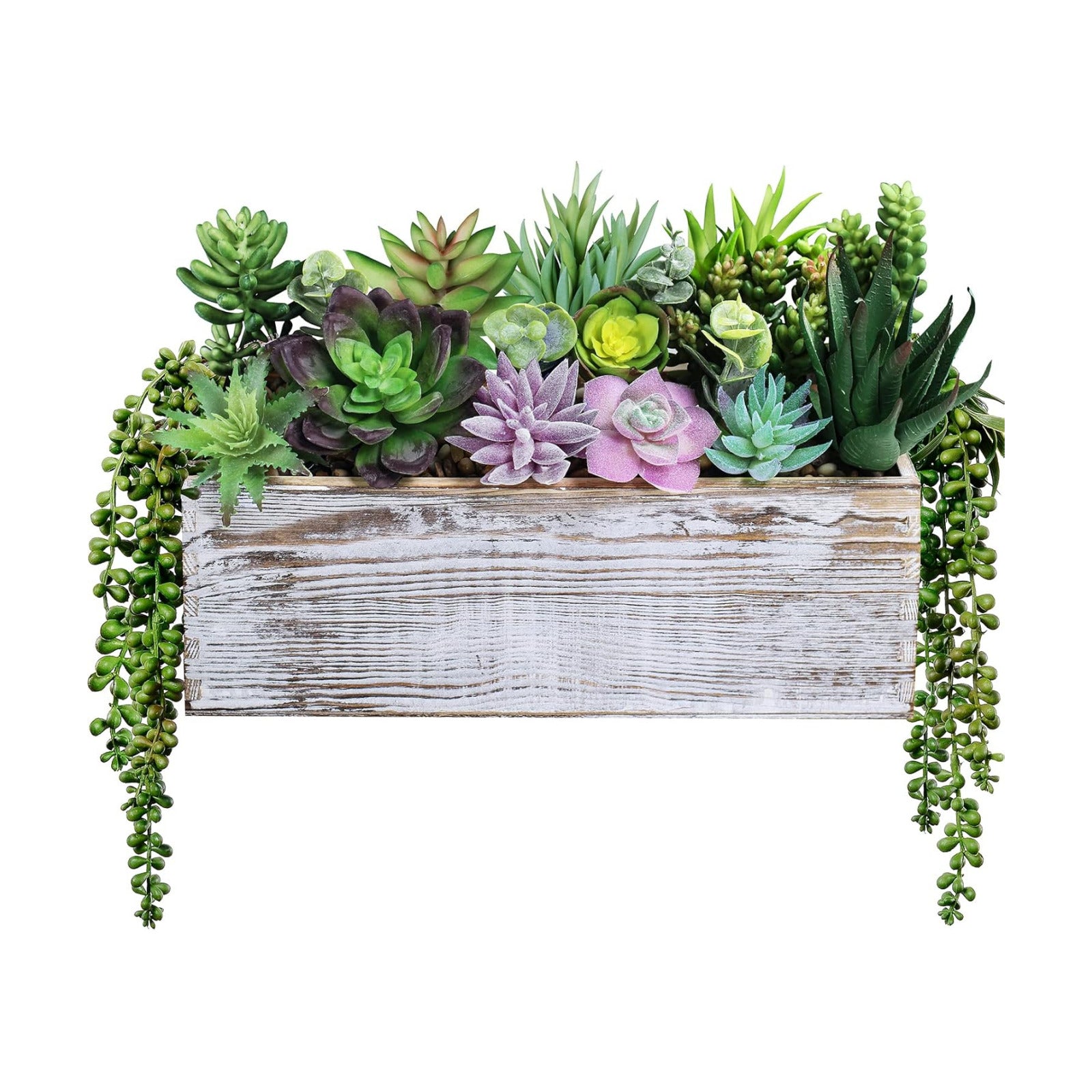 Assorted Artificial Succulents in Rectangular Wooden Pot Succulents Garden in Wood / Set of 19