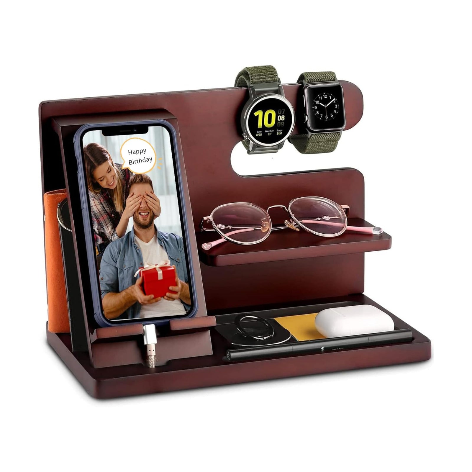 OUTXE Wood Phone Docking Station, Men Gifts Nightstand Organizer for Phone, Keys, Wallet, Glasses, Gifts for Dad's
