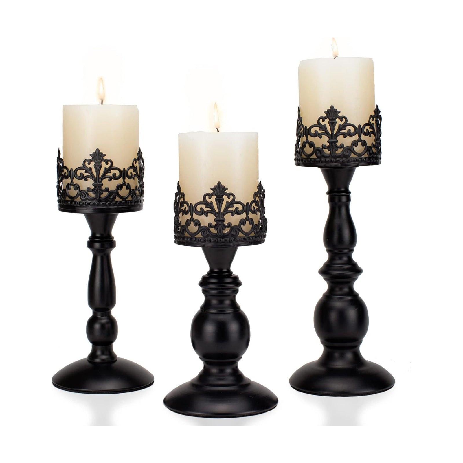 BANOMII Vintage Pillar Candle Holders for Table Centerpiece Set of 3-11'' 9'' 8'' - Matte Black Metal Candle Stands