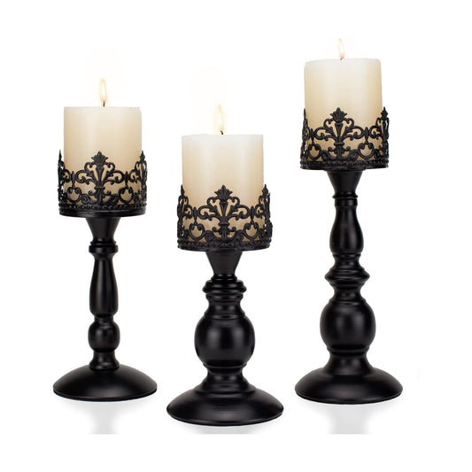 BANOMII Vintage Pillar Candle Holders for Table Centerpiece Set of 3-11'' 9'' 8'' - Matte Black Metal Candle Stands