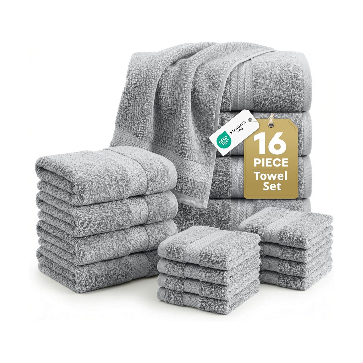 LANE LINEN Towel Set Soft Absorbent Quick Dry 100% Cotton 16 Piece - Grey | Cotton Bath Towels - Lightweight &