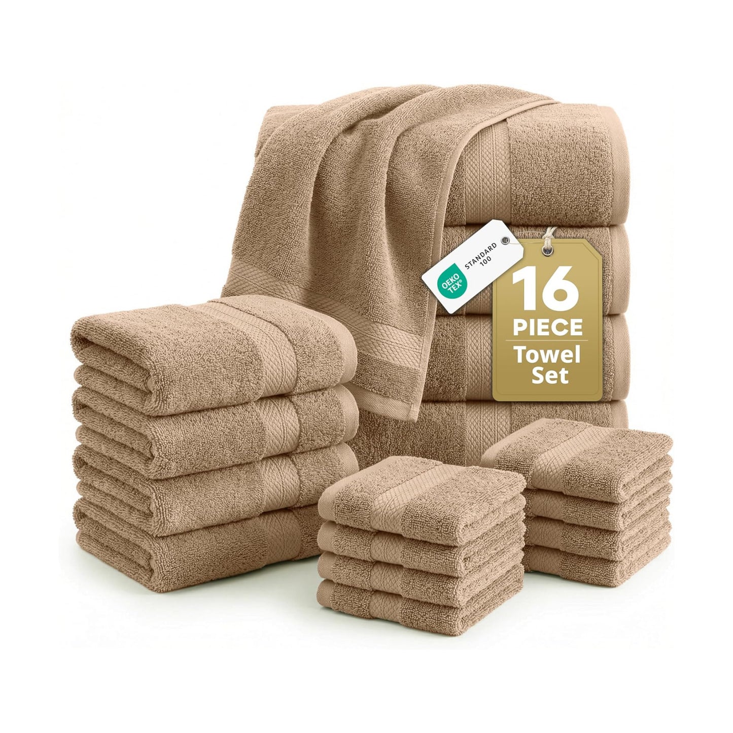 LANE LINEN Towel Set Quick Dry 100% Cotton 16 Piece Soft Absorbent - Taupe | Towels And Washcloths - Ring-Spun