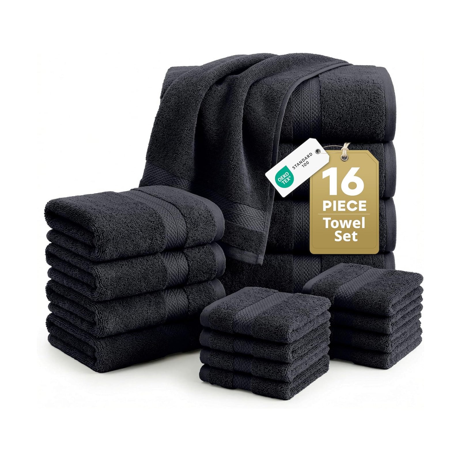 LANE LINEN Bath Towel Set Quick Dry 100% Cotton 16 Piece Soft - Black | Cotton Bath Towels - Classic Terry Weave