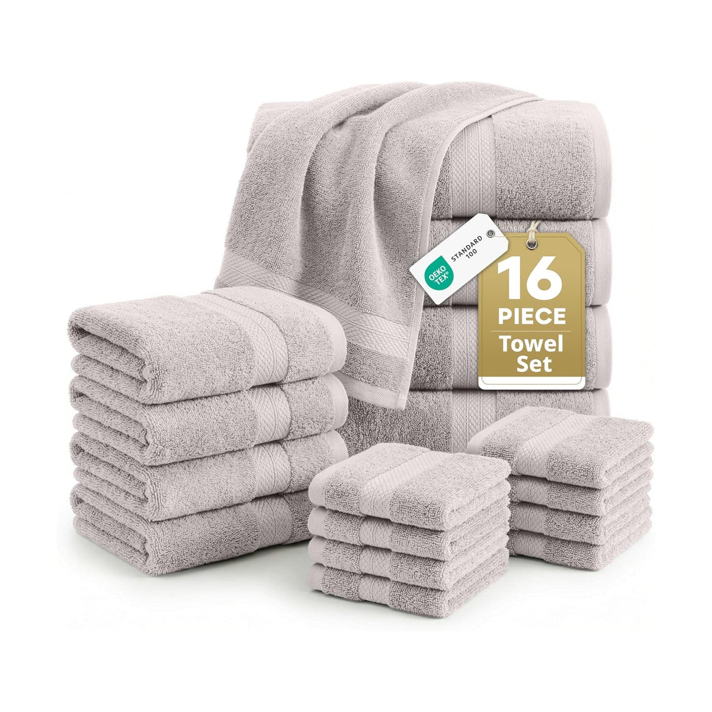 LANE LINEN Bath Towel Set 100% Cotton 16 Piece Soft Absorbent - Platinum | Cotton Towel Set - Densely Woven & Soft